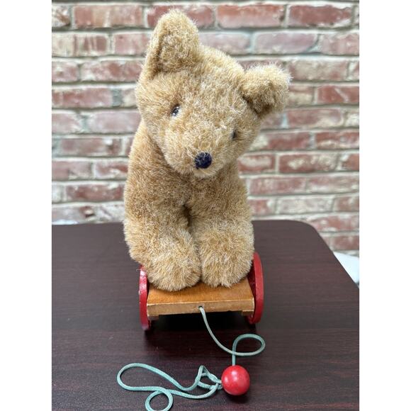 VTG “Hen in the Holly” Pull-Along Plush Bear on Wooden Cart– Santa Fe Springs - Picture 1 of 10